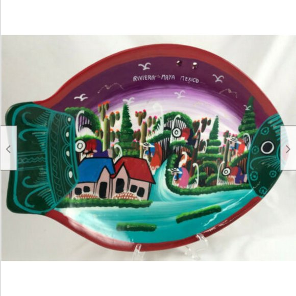 Mexican Fish Shape Hand Painted Decorative 14" Platter Plate Riviera Maya Mexico - Picture 4 of 5